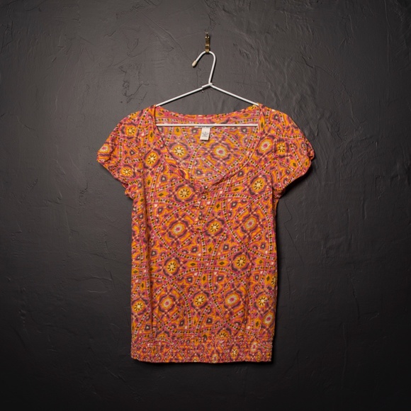 Lucky Brand Geometric Floral Short Sleeve Top Sz S - Picture 5 of 6
